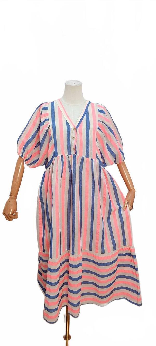 NEW BELLAVIE women's long striped summer dress in blue/rose